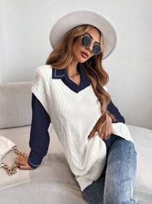 SHEIN Frenchy Tương phản ràng buộc Nút phía trước Áo sơ mi - Màu xanh hải quân - Xem 4