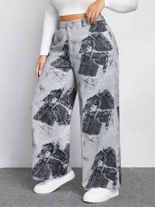 SHEIN EZwear 大碼圖案印花闊腿牛仔褲 - 彩色 - 查看 6