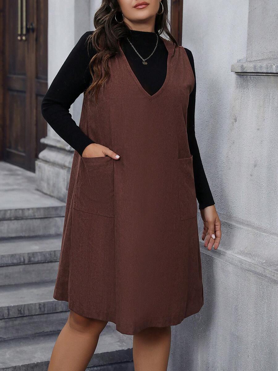 Calvaya Plus 1pc Dual Pocket Hooded Dress Without Sweater - Coffee Brown - View 1