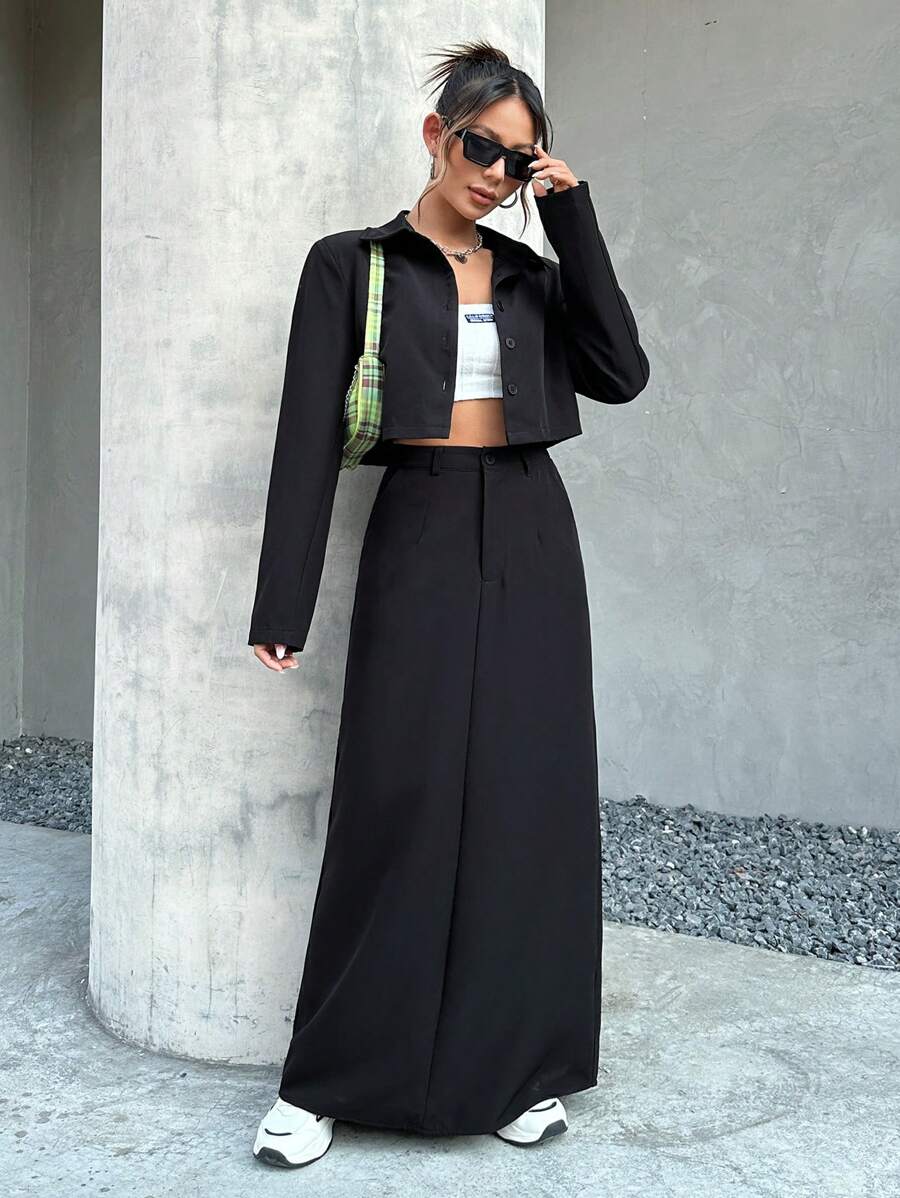 SHEIN EZwear 女士純色西裝外套和裙子套裝 - 黑色 - 查看 1