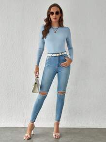 SHEIN BASICS Solid Slim Fit Bodysuit/Sping - Baby Blue - View 4