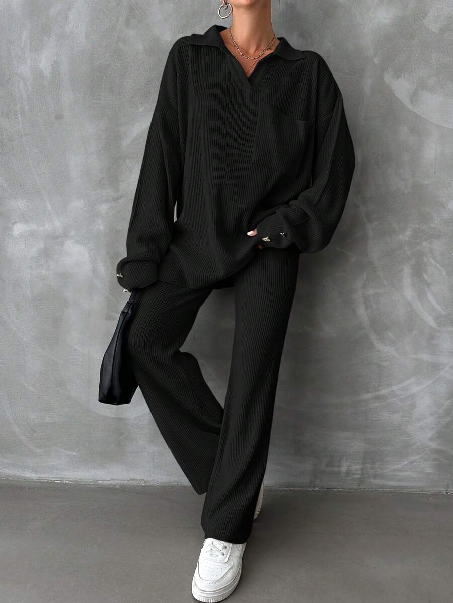 EURMUSE 2pcs/set Drop Shoulder Front Pocket Sweater And Knitted Pants - Black - View 1