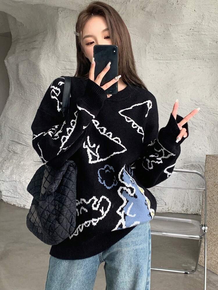 Dinosaur Pattern Drop Shoulder Sweater,Fall Women Clothes