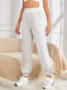 SHEIN Daily&Casual 素色側翻蓋口袋工裝運動褲 - 淺灰色 - 查看 3