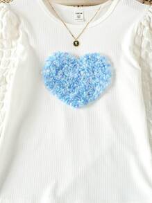 SHEIN Garota pré-adolescente Coração Corrigida Manga Bufante Camiseta & Denim Efeito Imprimir Calças Perna Flare