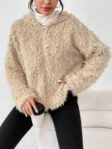 SHEIN Essnce Zip Up Hooded Fuzzy Coat - Apricot - View 5