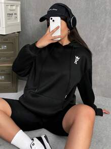 SHEIN EZwear Plus Playing Card Print Drop Shoulder Hoodie - Black - View 2