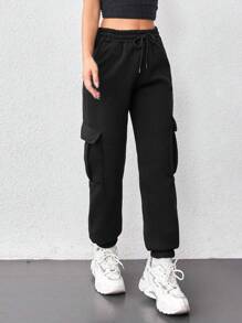 RueChic 100%Cotton Solid Drawstring Waist Flap Pocket Side Cargo Sweatpants - Black - View 1