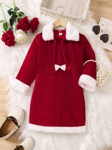 SHEIN Young Girl Borg Collar Jacket & Dress - Red - View 1