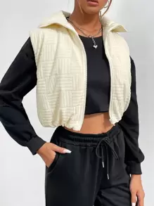 Chiquease Casual Solid Textured Zip Up Crop Vest Coat - Apricot - View 1