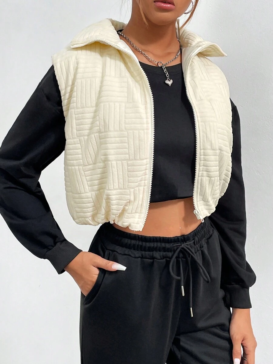 Chiquease Casual Solid Textured Zip Up Crop Vest Coat - Apricot - View 1