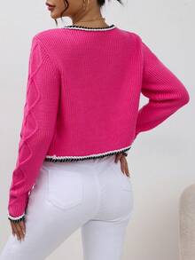 SHEIN Privé 拼接邊前紐扣短款開衫 - 玫紅色 - 查看 3