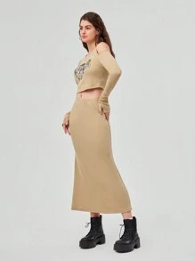 Forever 21 女款露肩領口修身 T 卹與純色裙子套裝(字母心型印花) - 杏色 - 查看 6
