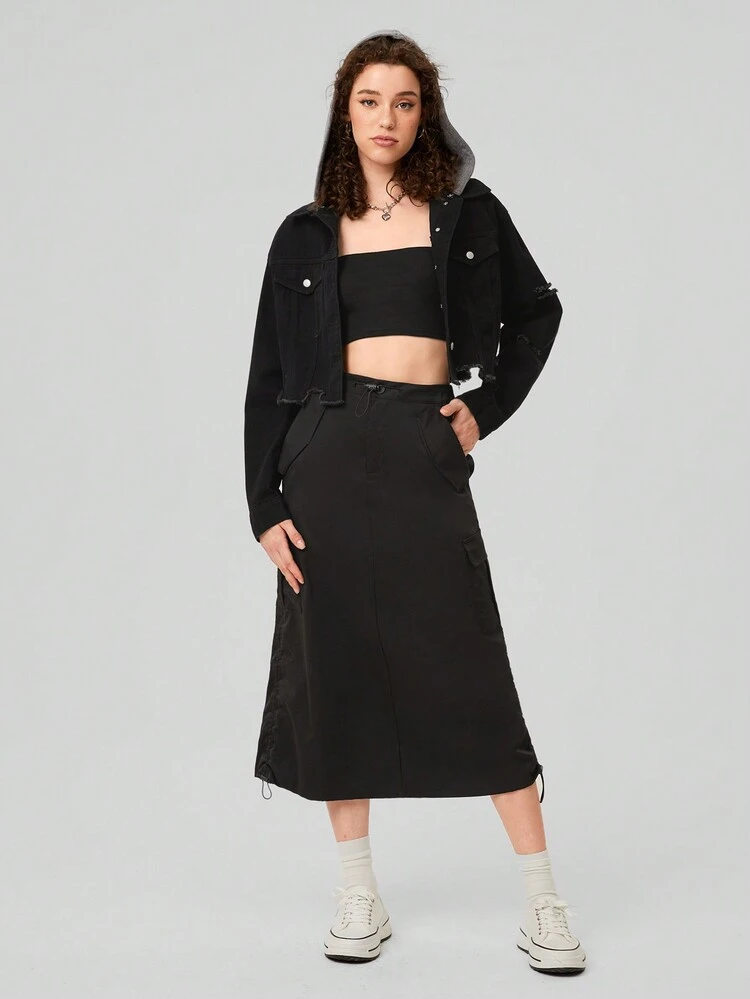 Frayed Edge Denim Jacket With Fake Pockets