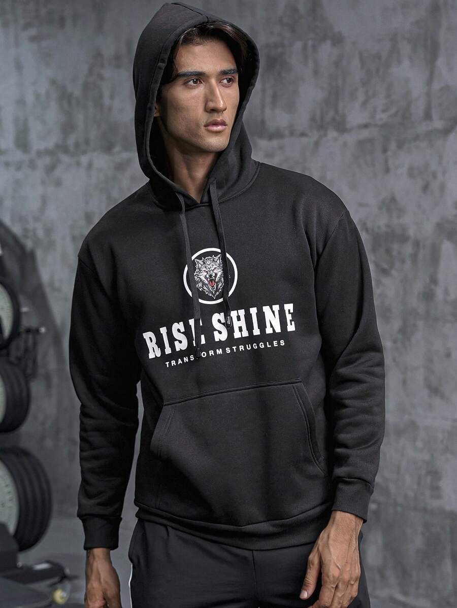 Manfinity Sport Corelite Boyfriend Style Men Letter & Wolf Graphic Kangaroo Pocket Drawstring Sports Sweatshirt Boyfriend Style Men Sweatshirt - Black - View 1