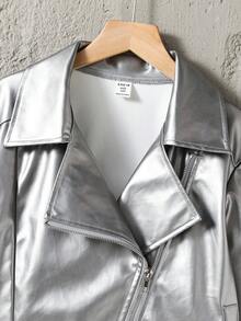 SHEIN Explorewe 女大童拉鏈開襟PU皮革機車夾克 - 銀色 - 查看 4
