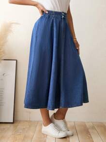 SHEIN LUNE Cao eo Pháo sáng Váy Denim - Rửa tối - Xem 3