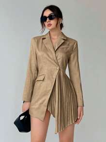 SHEIN Privé 西裝領百褶細節不對稱下擺西裝洋裝 - 棕色 - 查看 1