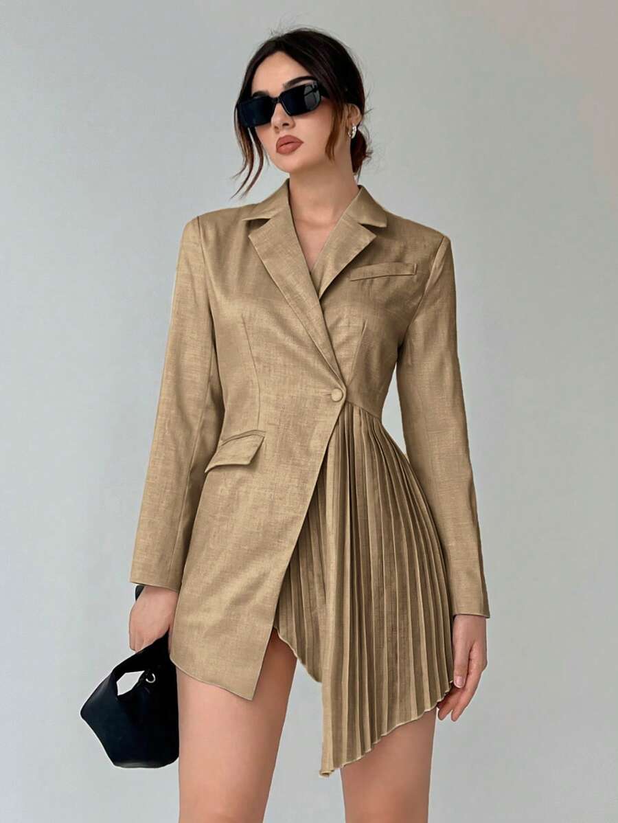 SHEIN Privé 西裝領百褶細節不對稱下擺西裝洋裝 - 棕色 - 查看 1
