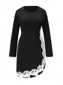 SHEIN Clasi Plus Contrast Lace Asymmetrical Hem Dress Fall Cloth For Women - Black - View 1