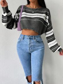 SHEIN Unity Striped Pattern Drop Shoulder Crop Sweater - Grey - View 3