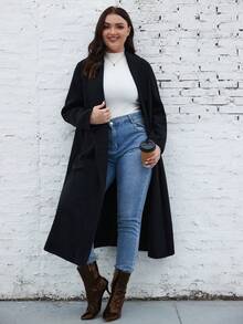 SHEIN LUNE Plus Shawl Collar Overcoat - Black - View 6
