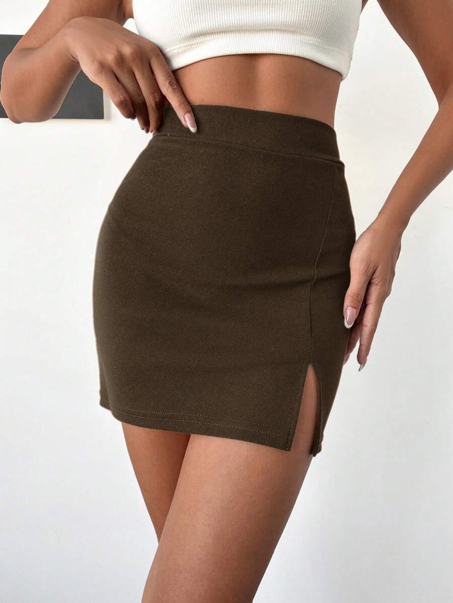 RueChic Solid Split Hem Bodycon Skirt - Brown - View 1