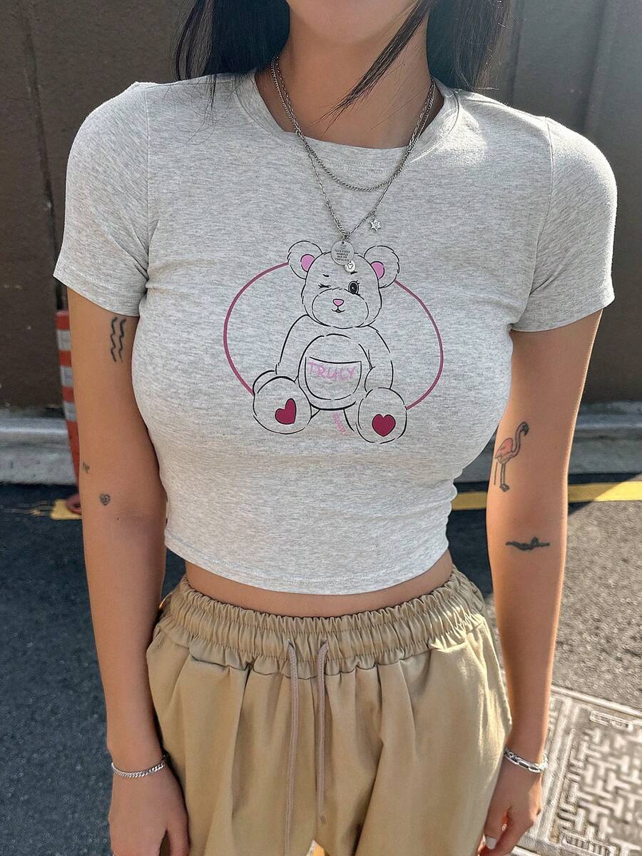 DAZY 小熊印花短款T恤 - 灰色 - 查看 1