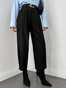 RueChic Slant Pocket Fold Ruched Suit Pants Without Belt - Black - View 4
