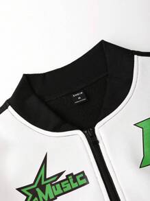 Loose Fit Men's Letter Graphic Two Tone Bomber Jacket - Black and White - View 5