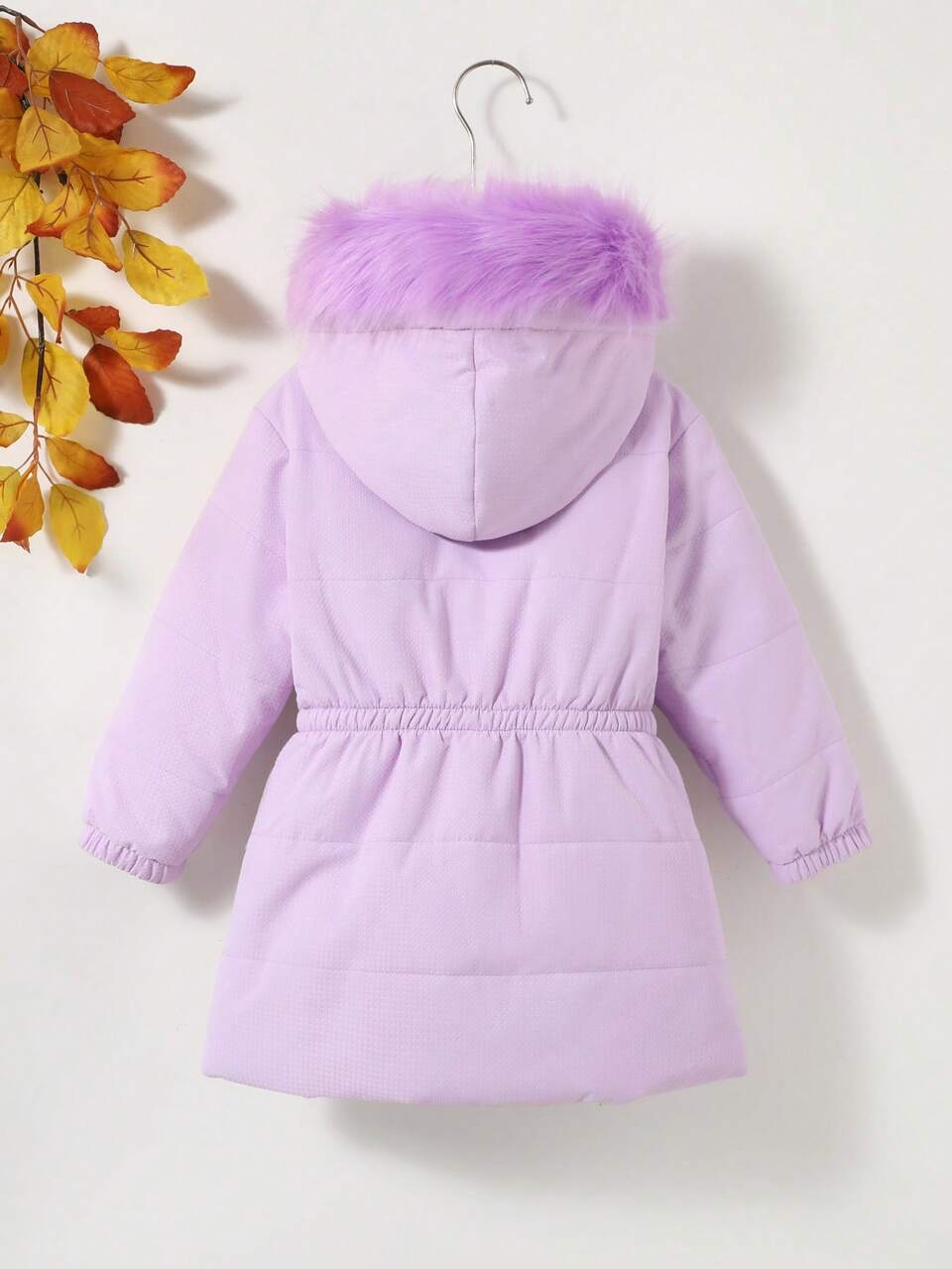 Young Girl Flap Pocket Fuzzy Trim Hooded Padded Coat Winter