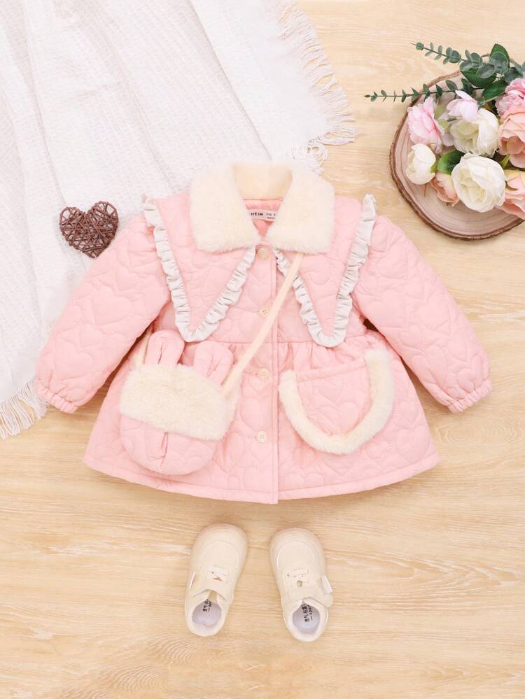 Baby Girl Borg Collar Frill Trim Coat With Bag