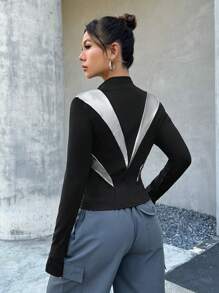SHEIN EZwear Colorblock Zip Up Thumbholes Slim Fit Jacket - Silver - View 2