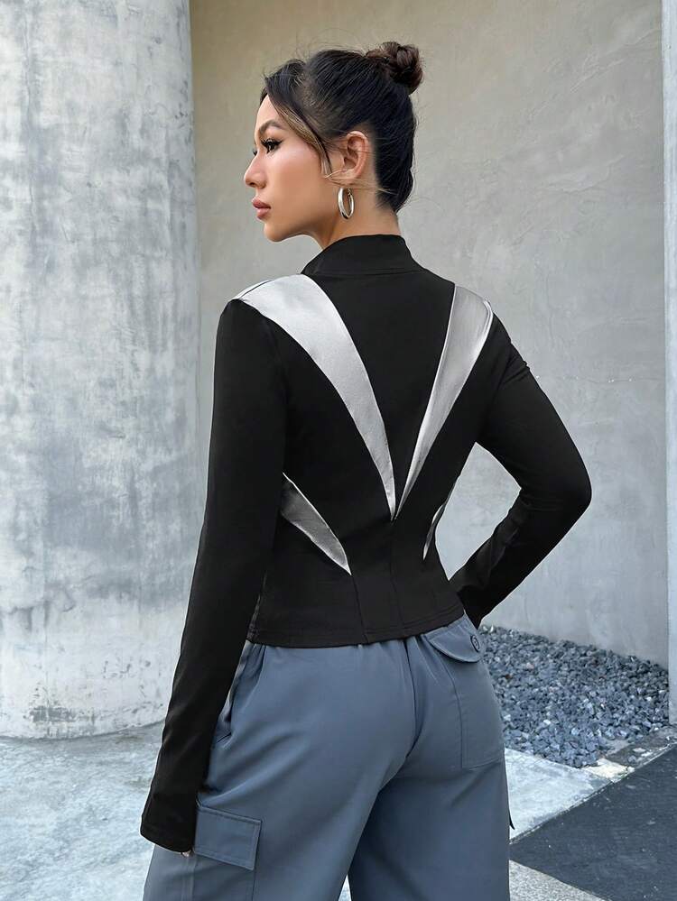 Colorblock Zip Up Thumbholes Slim Fit Jacket