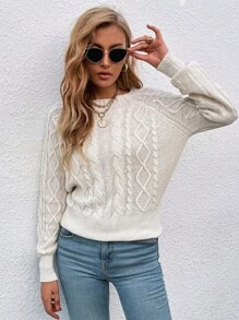 SHEIN Frenchy Jersey tejido de cable de manga raglán - Blanco - Ver 4