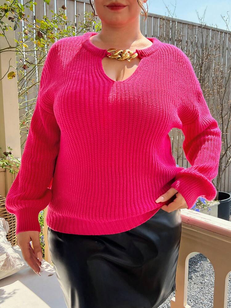 Plus Chain Detail Keyhole Neckline Drop Shoulder Sweater Knit Pullover Fall Winter Sweater
