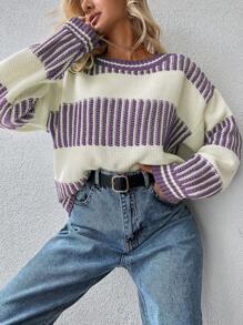 EURMUSE Striped Pattern Drop Shoulder Sweater - Purple - View 4