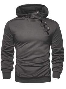 Manfinity Homme Men Solid Button Detail Hoodie - Dark Grey - View 3