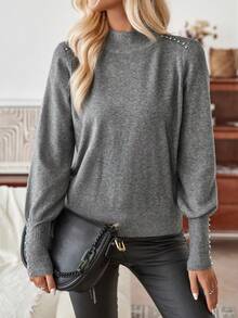 SHEIN LUNE Cổ giả Chi tiết Nút Tay áo lồng đèn Áo len - Xám - Xem 3