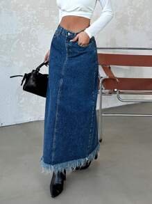 EURMUSE High Waist Raw Hem Denim Skirt - Blue - View 7