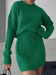 EURMUSE Cable Knit Drop Shoulder Sweater & Knit Skirt - Green - View 5