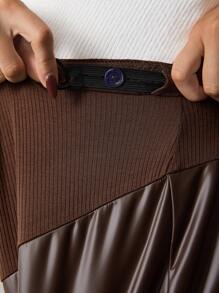 SHEIN Maternity Adjustable Waist Flare Leg PU Leather Pants, For Winter - Brown - View 7