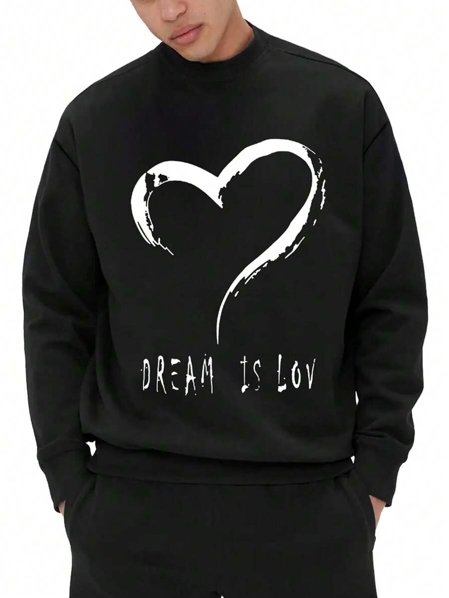 Men Heart & Slogan Graphic Sweatshirt - Black - View 1
