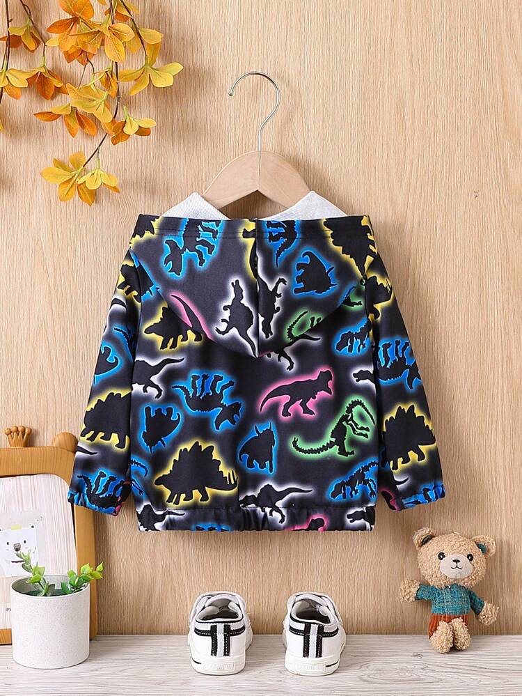 Baby Boy Dinosaur Print Patch Detail Hooded Jacket Without Tee