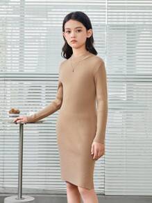 SHEIN Cô gái Tween Cổ giả Viền chia cắt Đồ đan Ribbed Đầm Áo len Không có thắt lưng - Màu Khaki - Xem 4