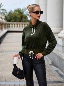 SHEIN Essnce Drawstring Hem Drop Shoulder Sweatshirt - Army Green - View 2