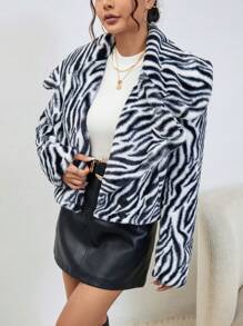 Aveloria Zebra Striped Print Button Front Fuzzy Coat Fall Cloth For Women - Black and White - View 5