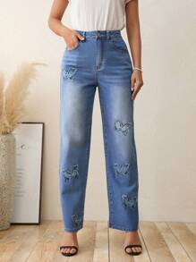 SHEIN LUNE Jeans de pierna recta con estampado de mariposa sin cinturón