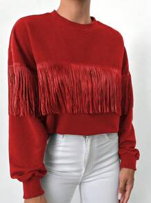EURMUSE Drop Shoulder Fringe Trim Sweatshirt - Red - View 3