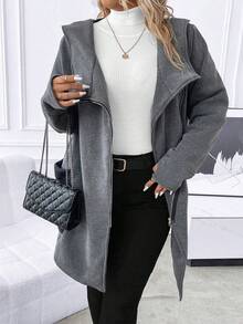 SHEIN LUNE Hơn Dây kéo Áo trùm đầu - Màu xám đen - Xem 4